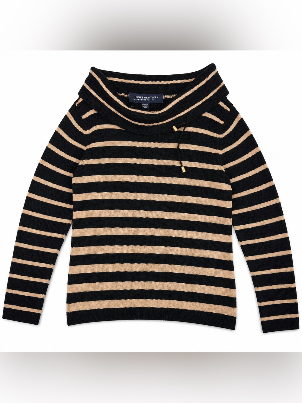 Vintage Jones New York Black Tan Striped Cowl Neck Sweater PS